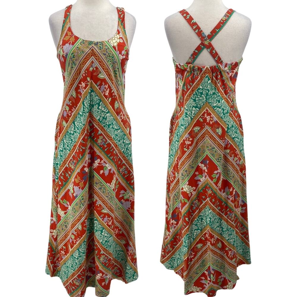 Vintage 70s Striped Maxi Dress Crossback Sleeveless Red Green Gold Womens Small